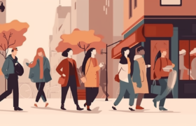 An illustration of young people walking and talking in a street (c) Coeur